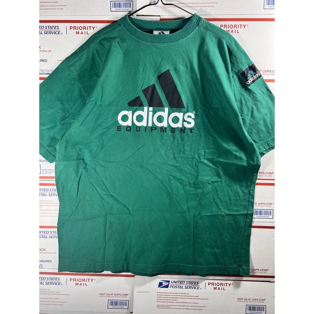 Vintage Adidas Equipment TShirt Mens XL Green Classic Short Sleeve Patch 90s Y2K